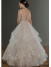 Plunging V Neck Beaded Ivory Lace Tulle Ruffle Deep V Back Wedding Dress